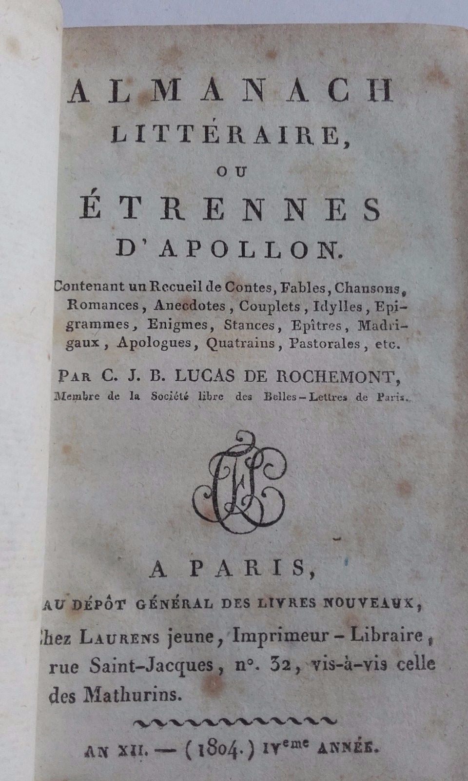 Almanach Littéraire ou Etrennes d’Apollon 1804 - La Librairie Antique