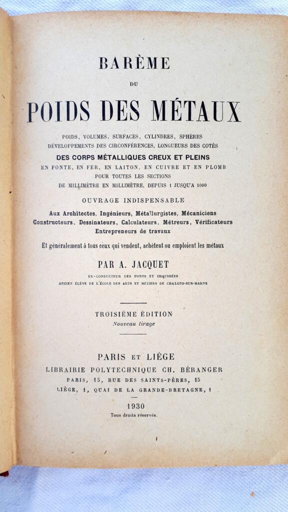 Barème Du Poids Des Métaux. 1930