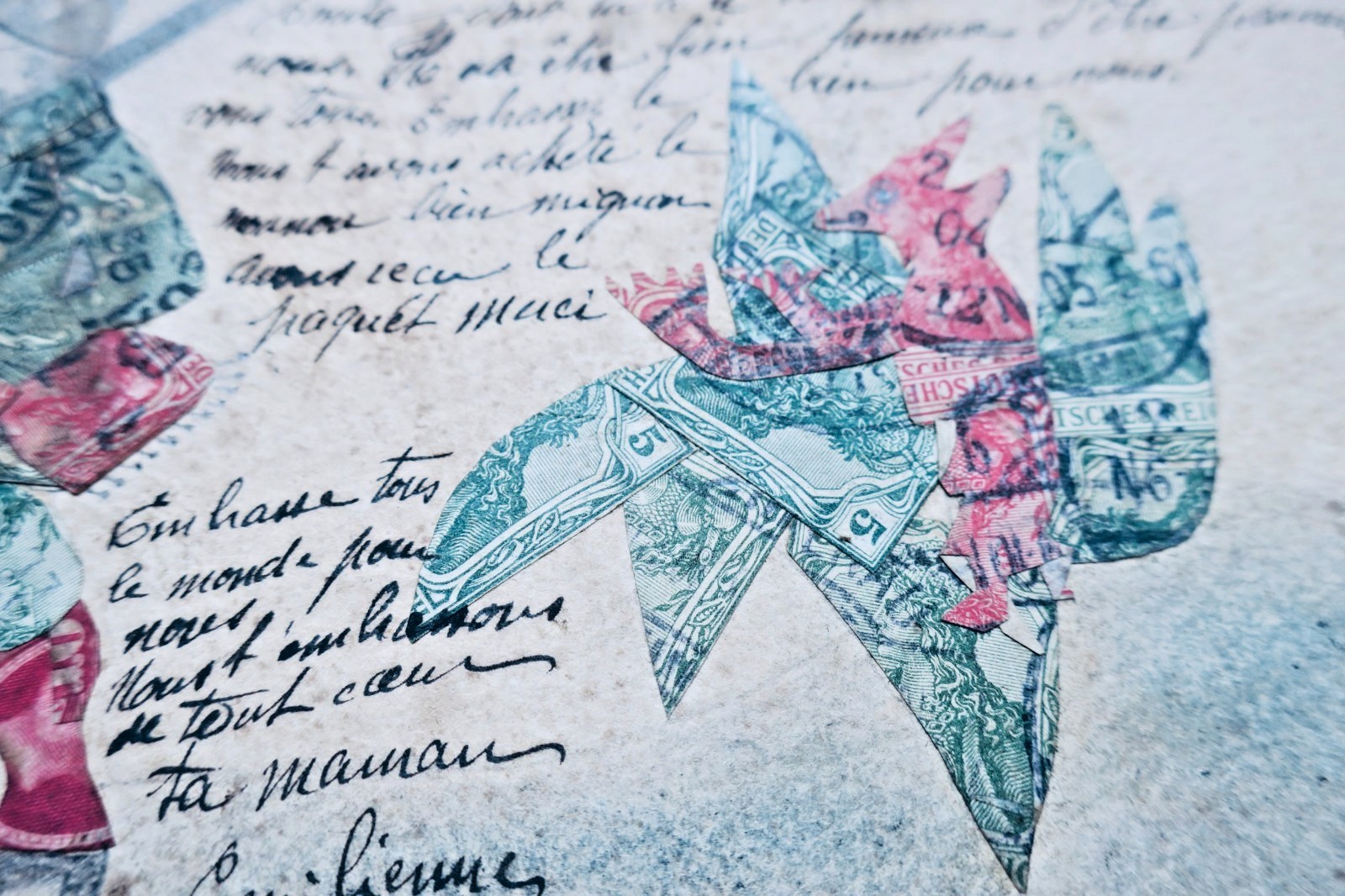 Illustrated postcard with drawing and custom collage by an amateur artist