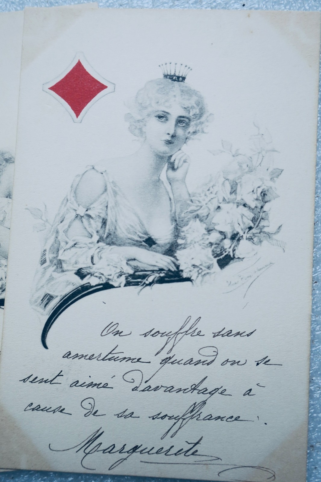 Vintage playing cards, Queens of spades, hearts, diamonds & clubs, signed