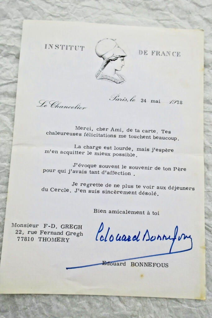 EDOUARD BONNEFOUS Brief, maschinenschriftlich und unterzeichnet