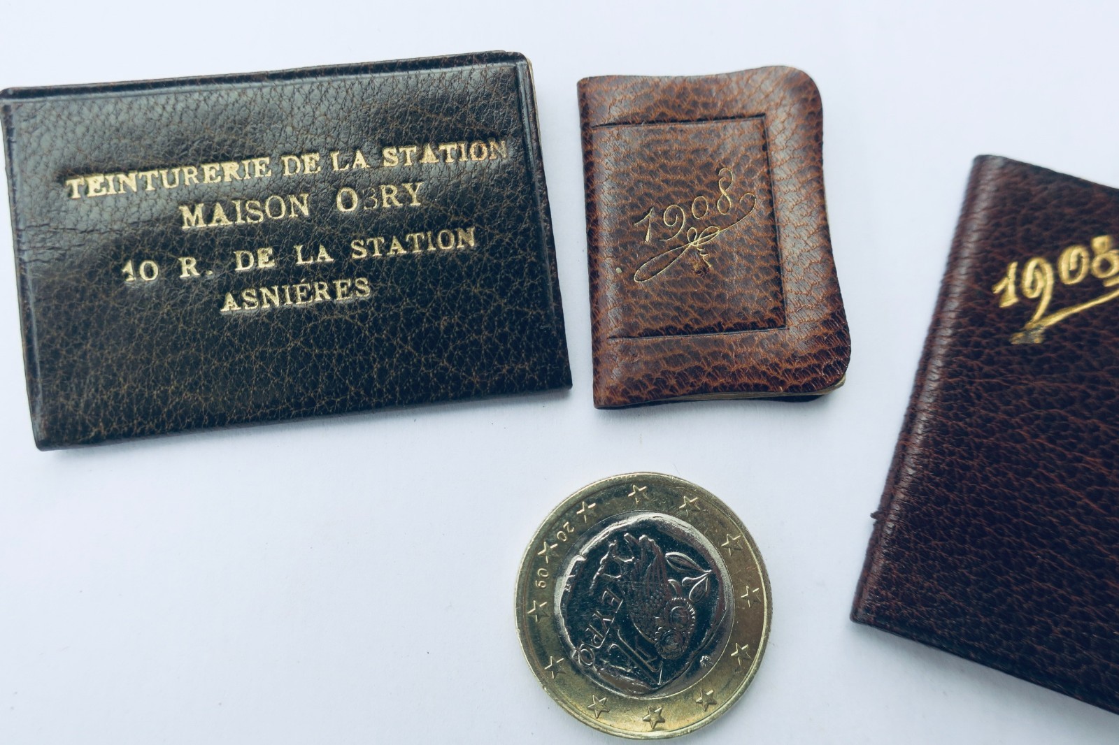 Three small pocket diaries, calendars, 1908, 33 x 46 mm & 23 x 33 mm