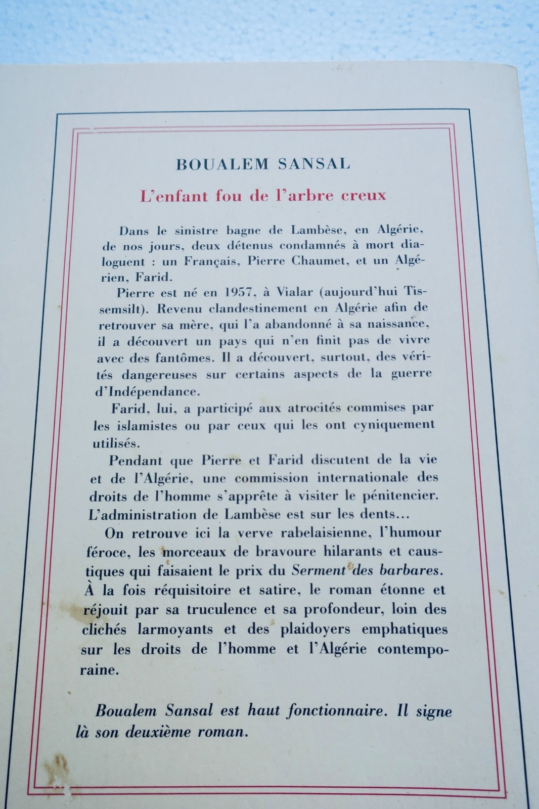 SANSAL BOUALEM L’ENFANT FOU DE L’ARBRE CREUX – ROMAN 2000 - La Librairie Antique