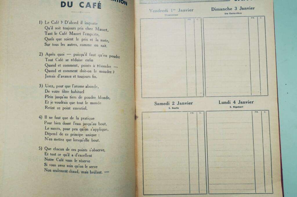 Bordeaux Agenda der Cafés Masset 1937