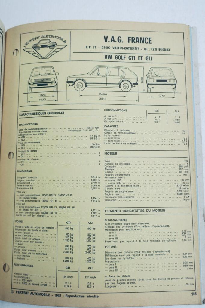 GTI REVUE TECHNIQUE EXPERT AUTOMOBILE VW VOLKSWAGEN GOLF GTI GLI ET 16S 1982
