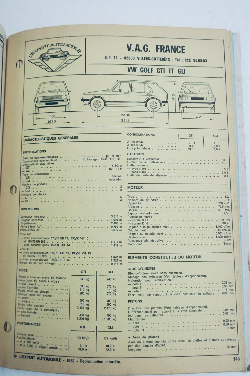 GTI TECHNISCHE REVUE EXPERT AUTOMOBIL VW VOLKSWAGEN GOLF GTI GLI ET 16S 1982