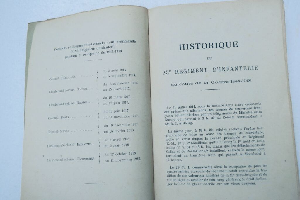 Historique du 23e Régiment d’Infanterie au cours de la Guerre 1914-1918
