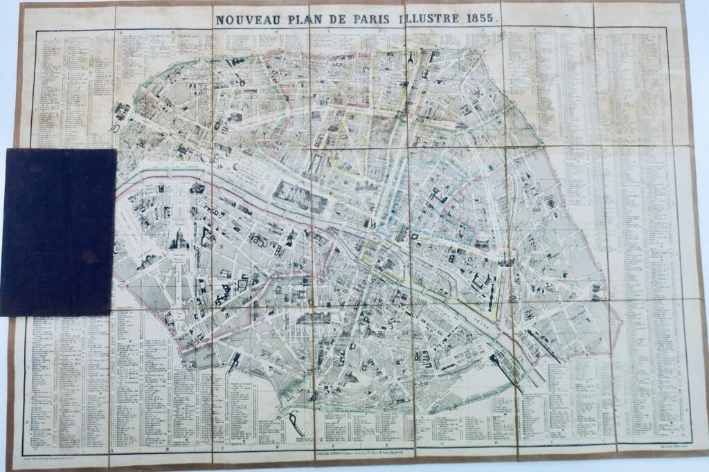 Paris Belle carte entoilée 43 x 63 cm. 1855 NOUVEAU PLAN DE PARIS