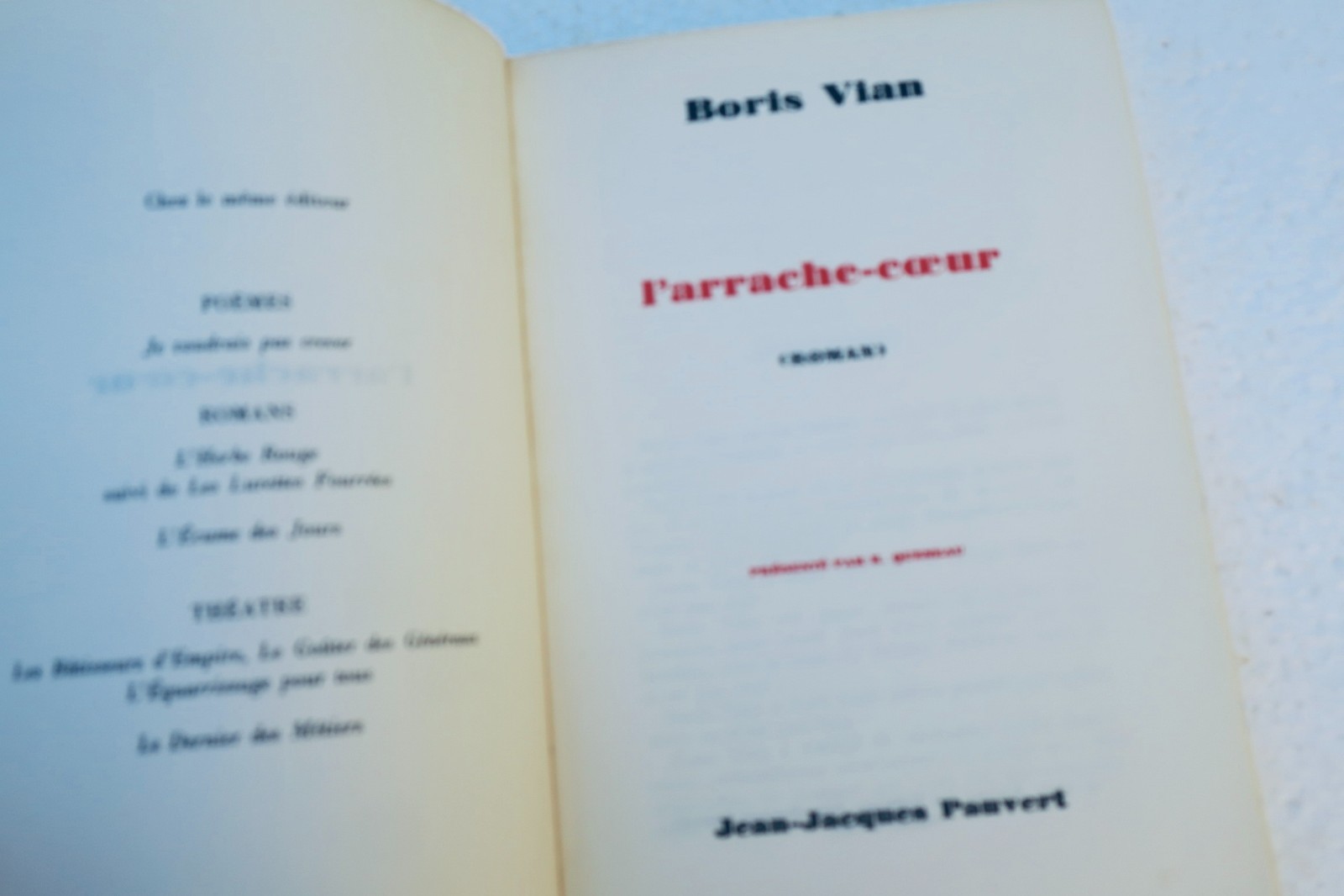 Vian Boris L’arrache-coeur – Présenté par R. Queneau - La Librairie Antique