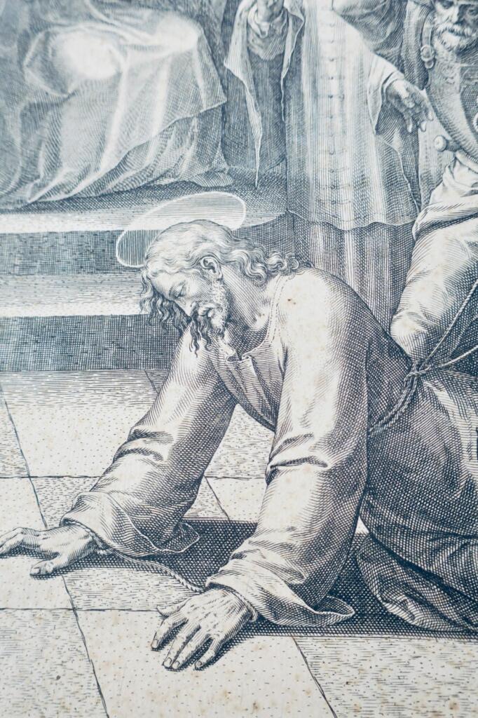 Christ bafoué et frappé devant le grand prêtre Caïphe JAN Sadeler 1589 passion