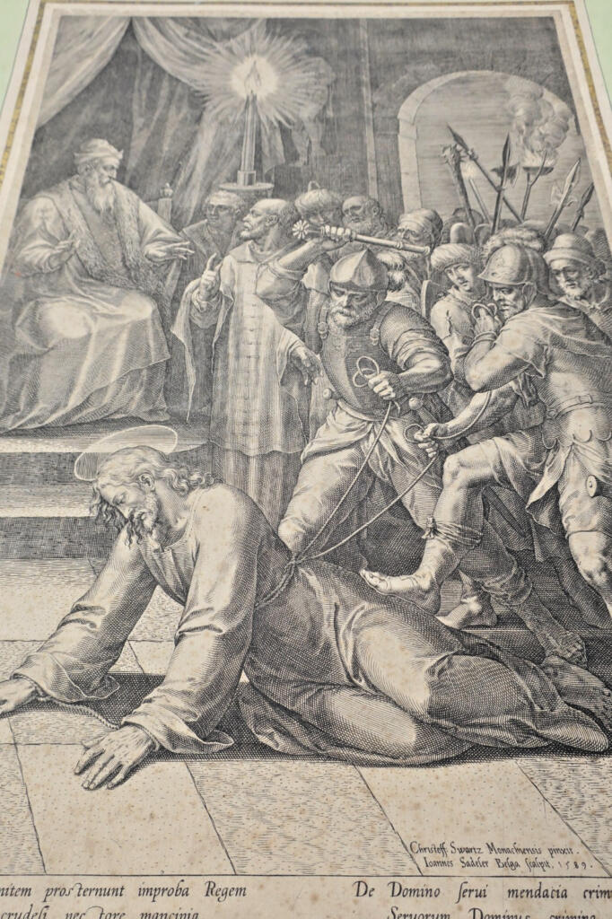 Christ bafoué et frappé devant le grand prêtre Caïphe JAN Sadeler 1589 passion