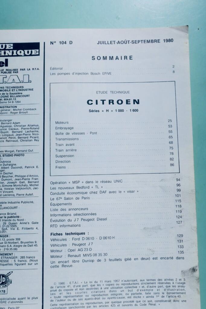 CITROEN H 1000 – 1600 avec moteur Indenor 4.85 4. 88 RTA revue technique N°104
