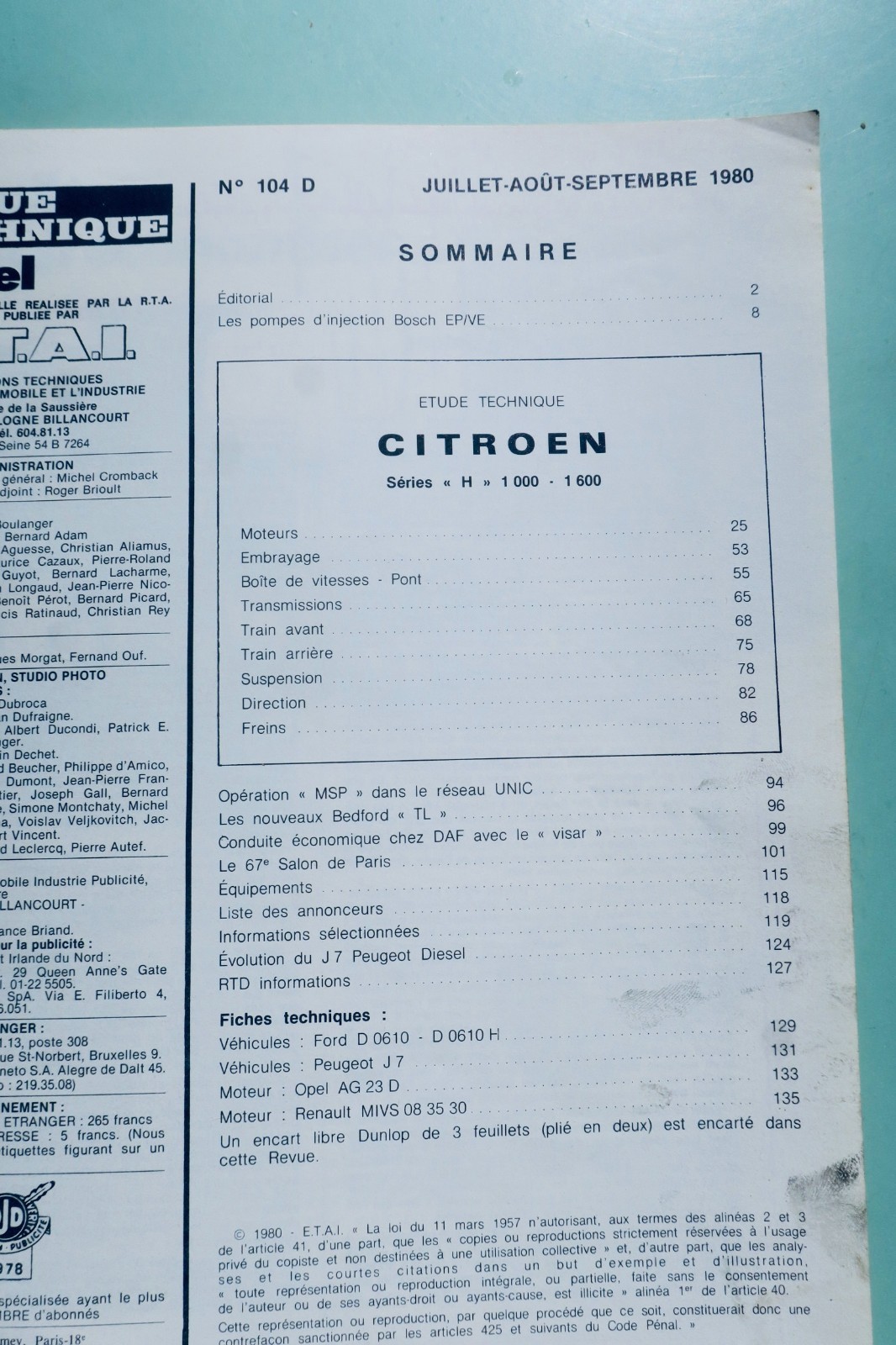 CITROEN H 1000 – 1600 avec moteur Indenor 4.85 4. 88 RTA revue technique N°104 (livre, vue 2 sur 9)