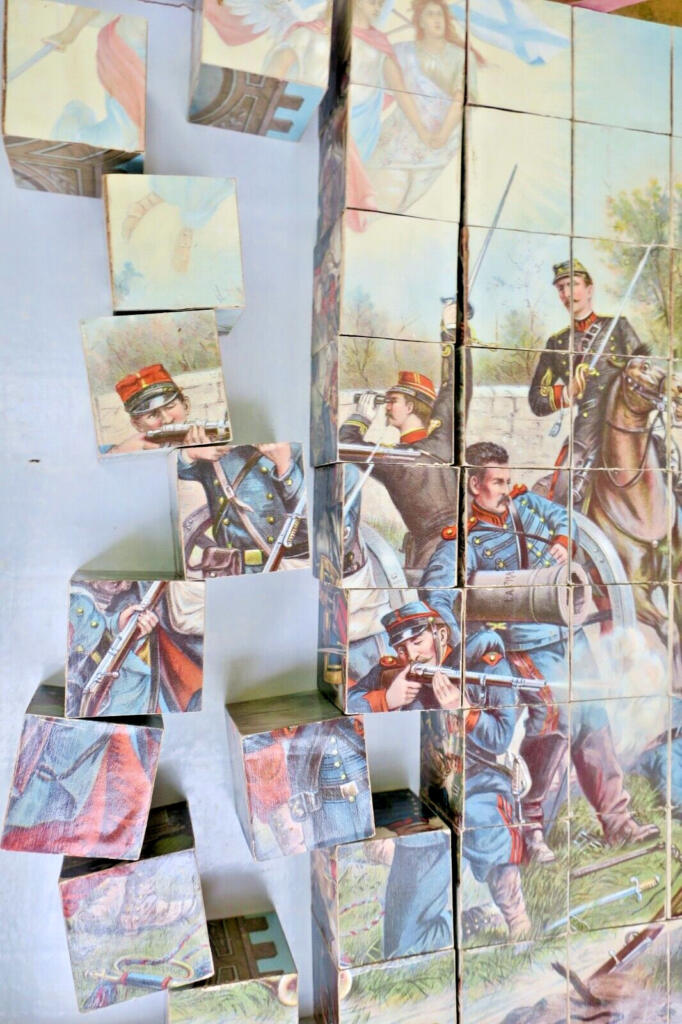 19th-century military cube puzzle set with chromolithographs