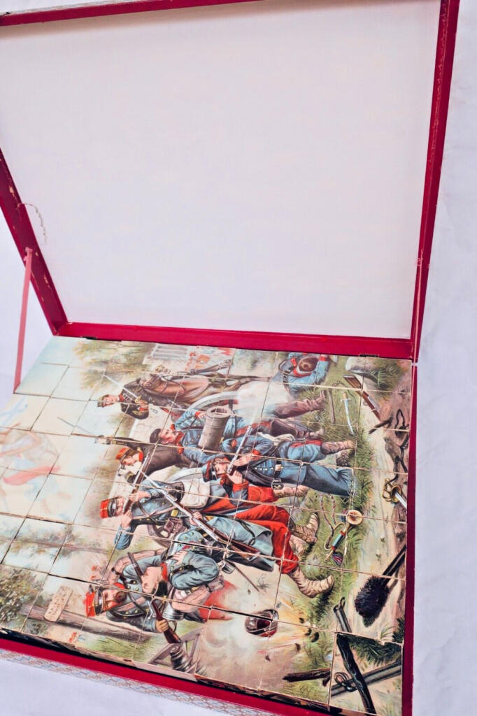 19th-century military cube puzzle set with chromolithographs