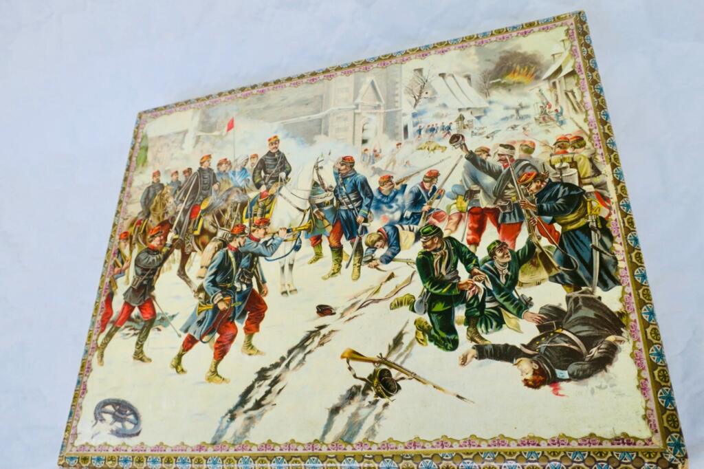 19th-century military cube puzzle set with chromolithographs