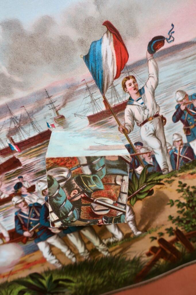 19th-century military cube puzzle set with chromolithographs