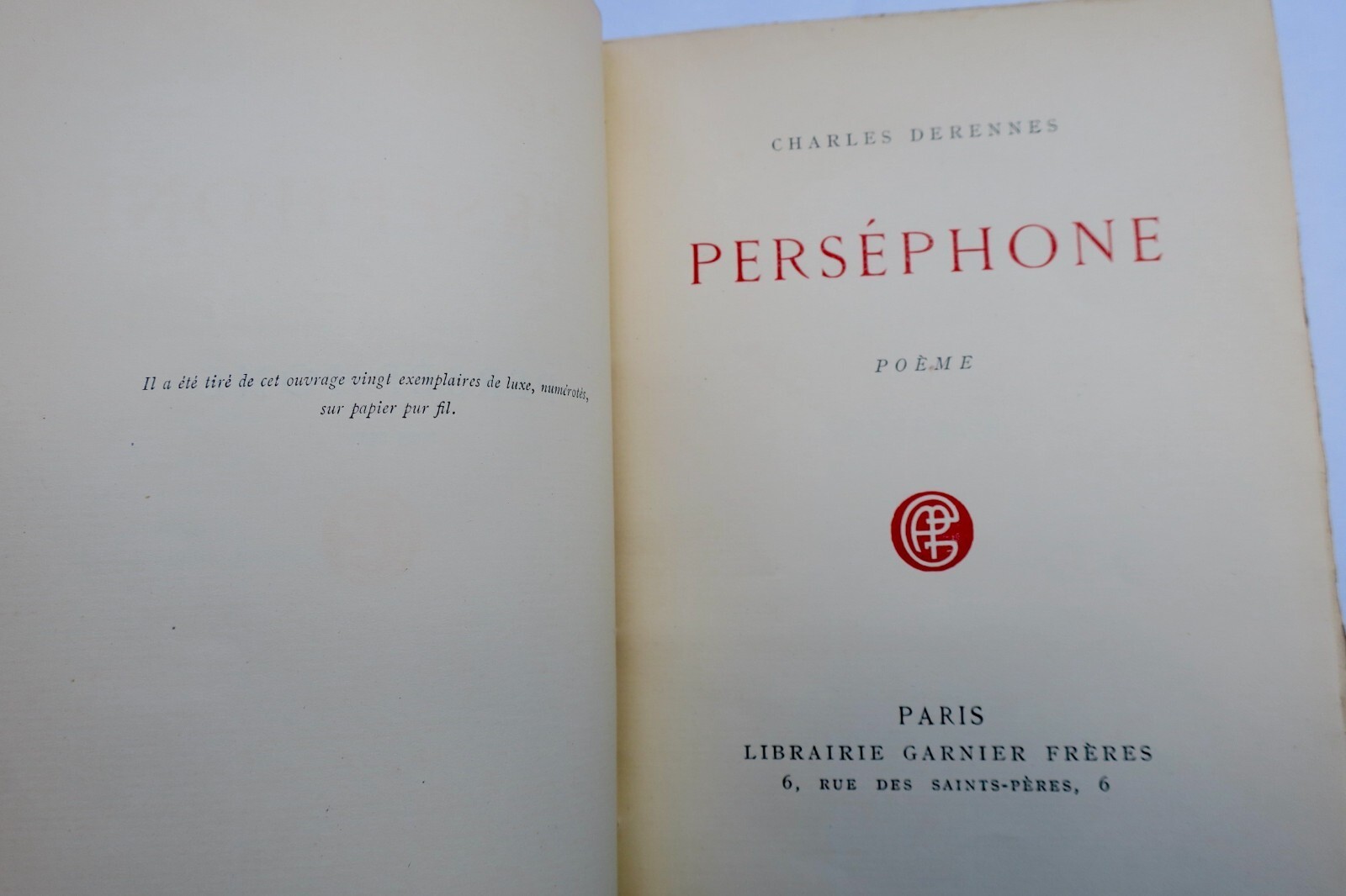 Charles Derennes. *Persephone* with inscription