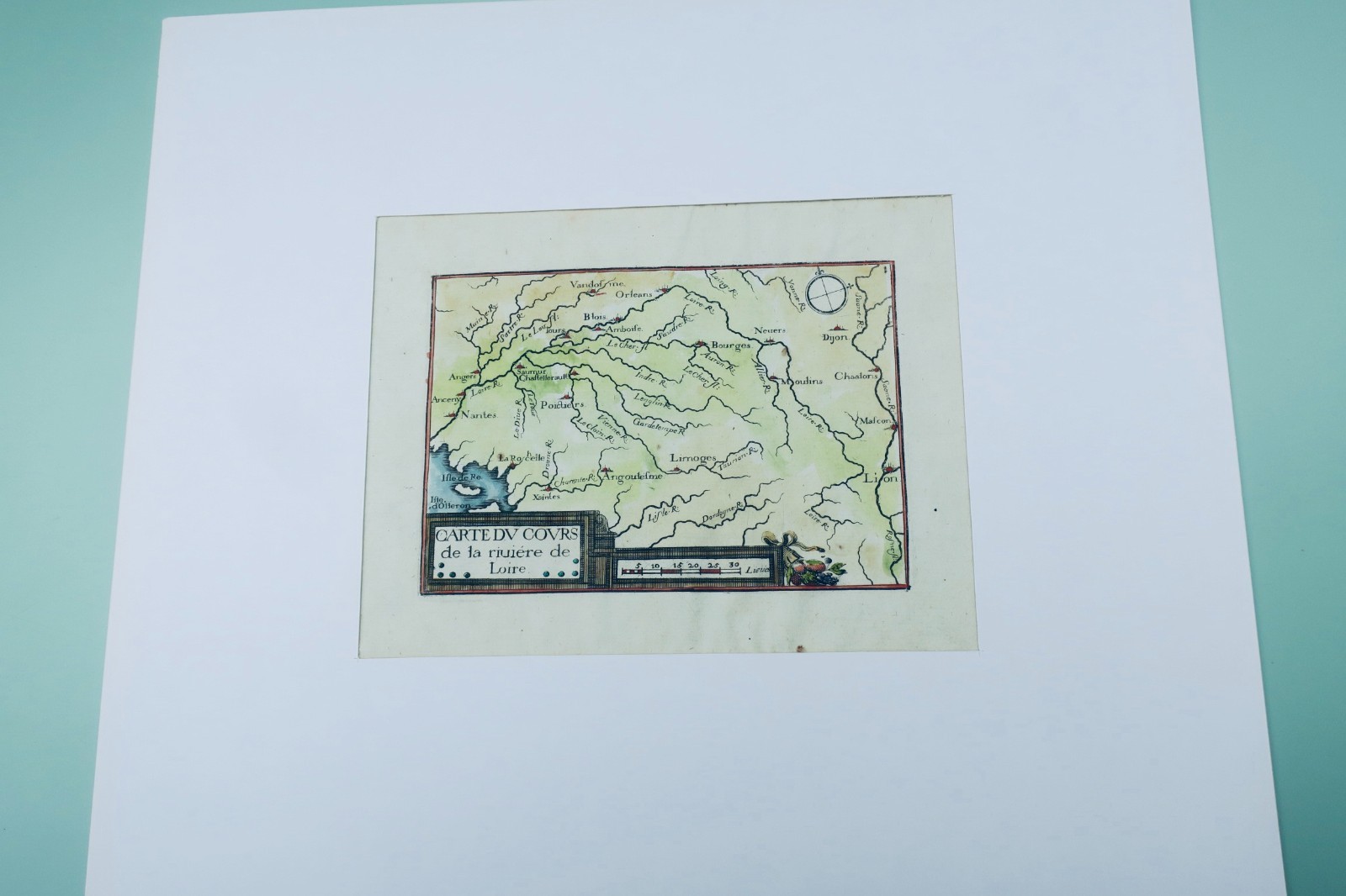 Originalkarte der Loire aus dem 17. Jh., koloriert