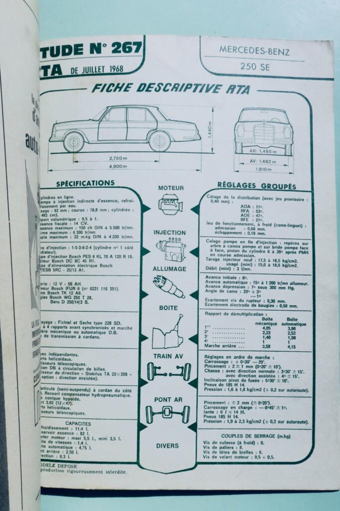 Mercedes Benz 230 SL 250 SE Revue technique automobile n°267-268 1968