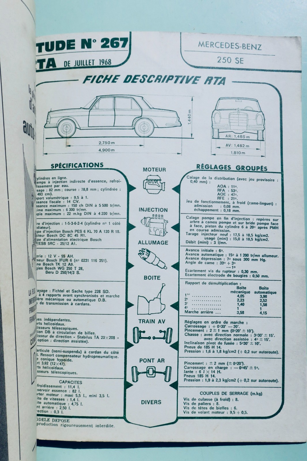 Mercedes Benz 230 SL 250 SE Revue technique automobile n°267-268 1968 (livre, vue 2 sur 9)