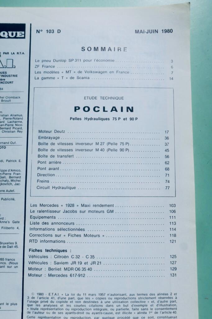Pelles 75P 90P Revue Technique TP Deutz Poclain hydrauliques Deutz