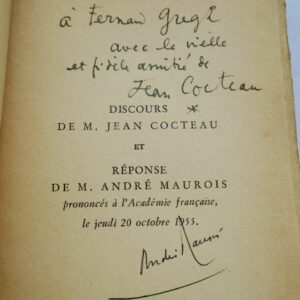 COCTEAU JEAN/MAUROIS ANDRE DISCOURS DE RECEPTION DE M. JEAN COCTEAU + dédicaces