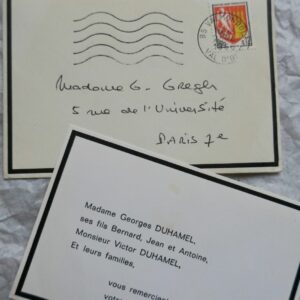 Mme Duhamel carte autographe manuscrite signée