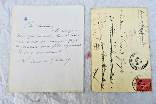 Arman de Caillavet Mme. carte manuscrite autographe+billet+