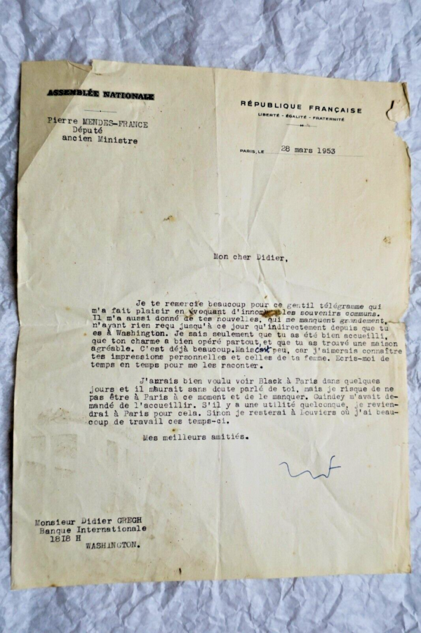 Pierre MENDES-FRANCE lettre tapuscrite signée