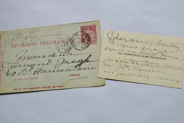 Anna de Noailles carte autographe manuscrite & signée