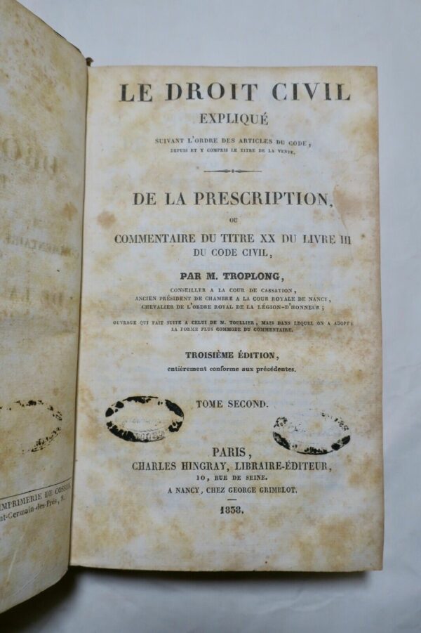 Droit Troplong De la prescription, ou Commentaire ... 1838 – Image 3