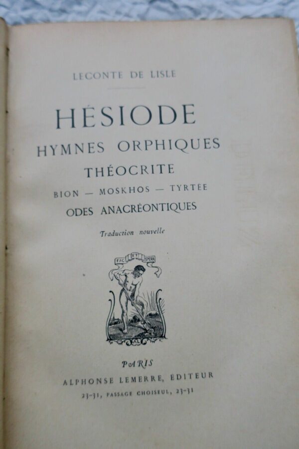 Leconte de Lisle Hésiode Hymnes orphiques Théocrite Bion Moskhos Tyrtée Odes.. – Image 3