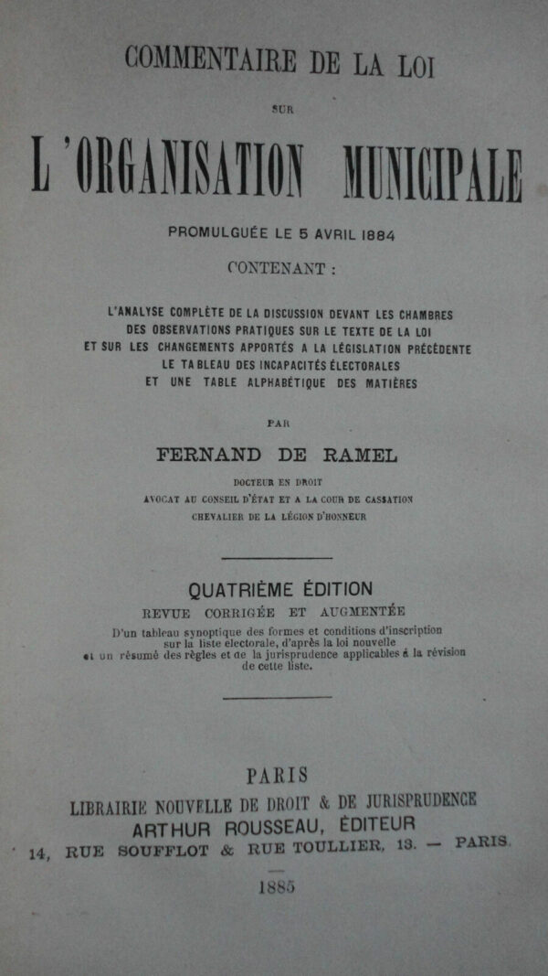 droit  COMMENTAIRE DE LA LOI SUR L'ORGANISATION MUNICIPALE 1885