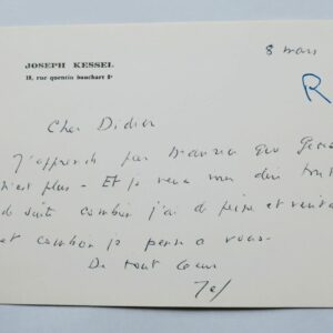 Joseph KESSEL belle carte autographe manuscrite