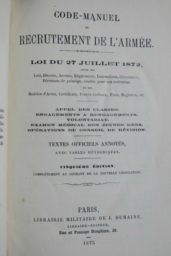 Code manuel du recrutement de l’armée. Loi du 27 juillet 1872 – Image 4