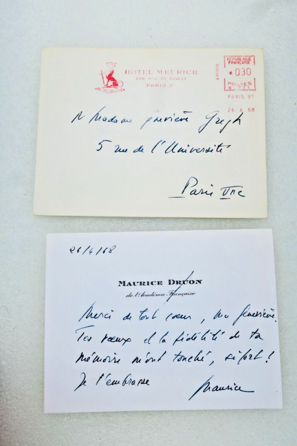 Maurice DRUON carte autographes signée
