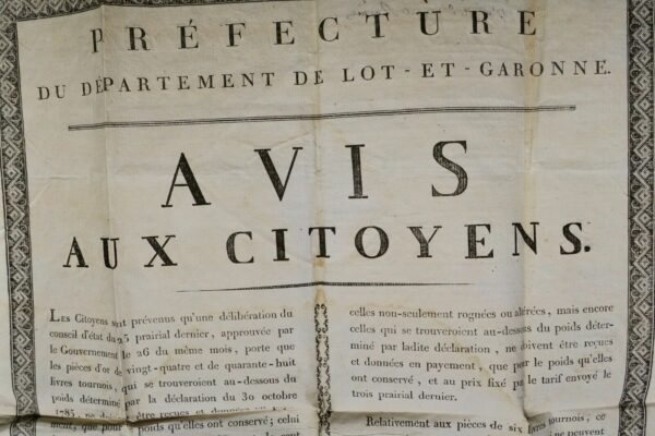 Monnaie pièces d'or, argent rognées ..livres tournois... avis aux citoyens 1803 – Image 3