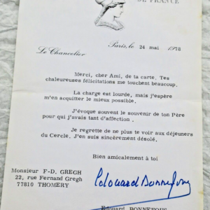 EDOUARD BONNEFOUS lettre tapuscrite & signée