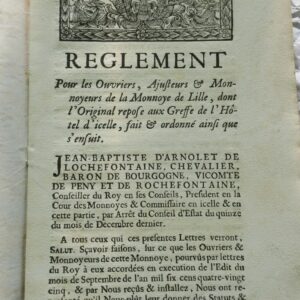 Monnaie réglement pour les ouvriers ajusteurs & monnoyeurs de la monnaie de Lill